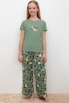 Пижама для девочек зелёная с футболкой КБ 2827/нефритовый,фруктовый сад пижама
