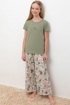 Пижама для девочек оливкового цвета с футболкой КБ 2827/оливковый хаки,эвкалипт пижама
