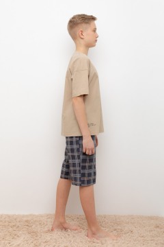 Пижама с шортами в клетку для мальчика КБ 2799/темно-бежевый,текстильная клетка пижама Cubby(фото3)