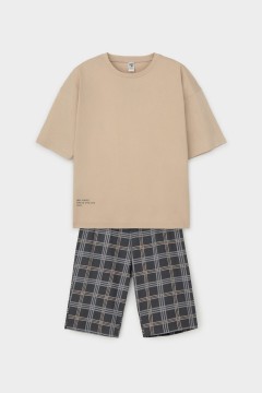 Пижама с шортами в клетку для мальчика КБ 2799/темно-бежевый,текстильная клетка пижама Cubby(фото4)