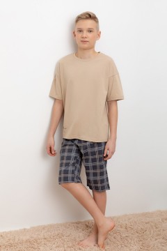Пижама с шортами в клетку для мальчика КБ 2799/темно-бежевый,текстильная клетка пижама Cubby(фото2)