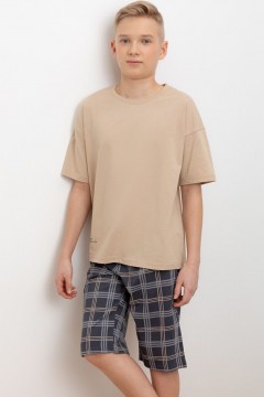 Пижама с шортами в клетку для мальчика КБ 2799/темно-бежевый,текстильная клетка пижама Cubby