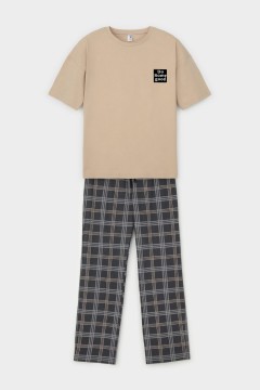 Пижама с брюками в клетку для мальчика КБ 2831/темно-бежевый,текстильная клетка пижама Cubby(фото4)