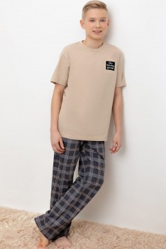 Пижама с брюками в клетку для мальчика КБ 2831/темно-бежевый,текстильная клетка пижама