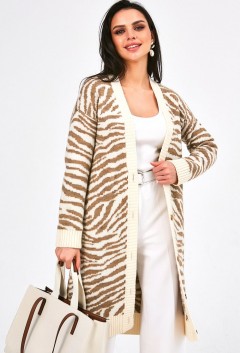 Кардиган вязаный удлинённый бежевого цвета с принтом Happychoice