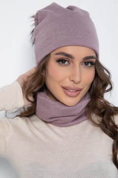 Комплект тёплый из шапки с помпоном и снудом лилового цвета LT collection