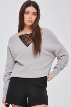 Джемпер вязаный серый с кружевной вставкой Happychoice