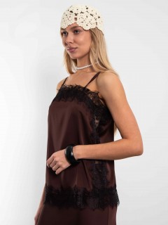 Топ в бельевом стиле на тонких бретелях с кружевом в шоколадном цвете Kosmos(фото5)