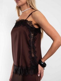 Топ в бельевом стиле на тонких бретелях с кружевом в шоколадном цвете Kosmos(фото7)