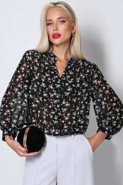 Блузка чёрная с пышными рукавами и воротником стойка Шарлиз, шик нью SelenaSonata