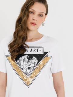 Футболка белая с принтом и пайетками Priz(фото3)