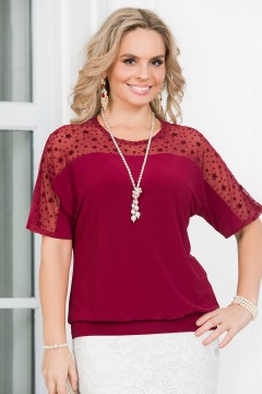 Блузка тёмно-бордового цвета с рукавами из сетки Lavira