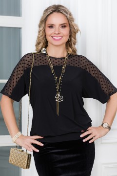 Блузка чёрная с рукавами из сетки в горошек Lavira