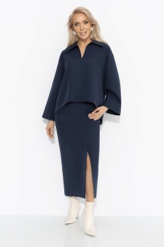 Костюм тёмно-синий с юбкой и со съёмной розой Charutti(фото6)