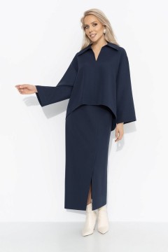 Костюм тёмно-синий с юбкой и со съёмной розой Charutti(фото4)