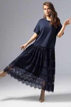 Платье комбинированное с кружевом синего цвета Charutti(фото2)