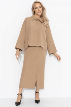 Костюм бежевый с юбкой и со съёмной розой Charutti
