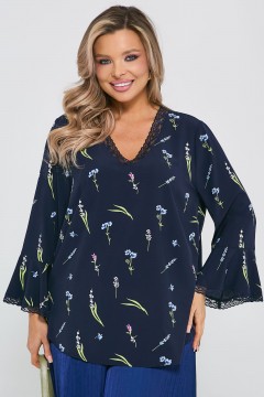 Блузка тёмно-синяя свободная с кружевом Dora