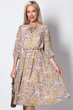 Платье миди шифоновое бежевое с принтом Девушка мечты, стильная SelenaSonata