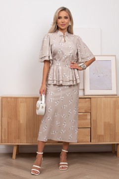 Платье летнее бежевое с поясом-баской Арлет №1 Valentina(фото4)