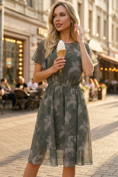 Платье шифоновое оливкового цвета с принтом Diolche