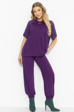 Костюм брючный трикотажный фиолетовый с кружевом Charutti