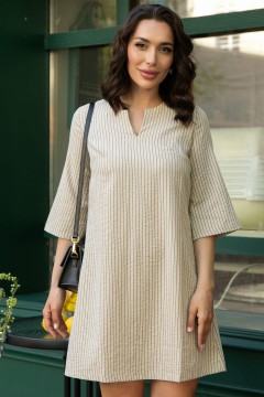 Платье-трапеция льняное бежевого цвета в полоску LT collection