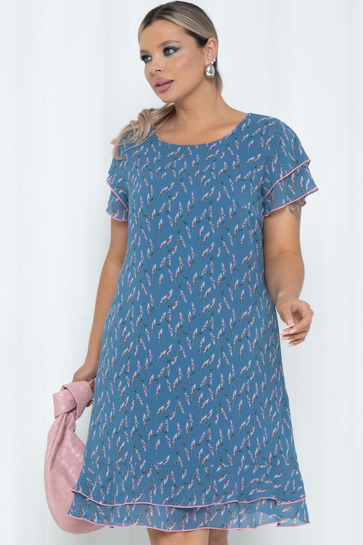 Платье шифоновое серо-голубое с цветочным принтом Agata