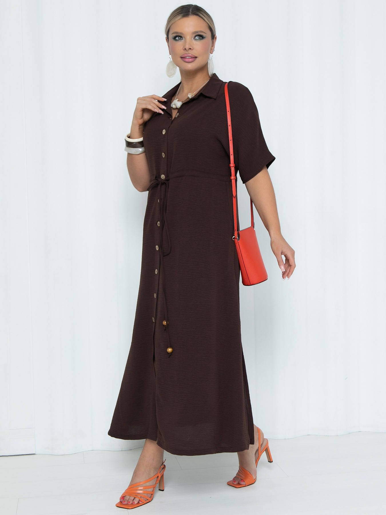Платье длинное коричневое А-силуэта с карманами Agata(фото2)