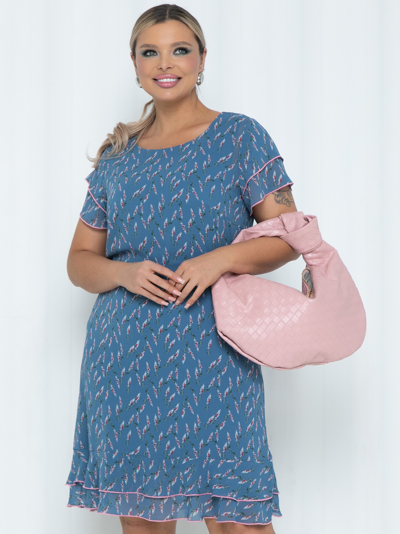 Платье шифоновое серо-голубое с цветочным принтом Agata(фото3)