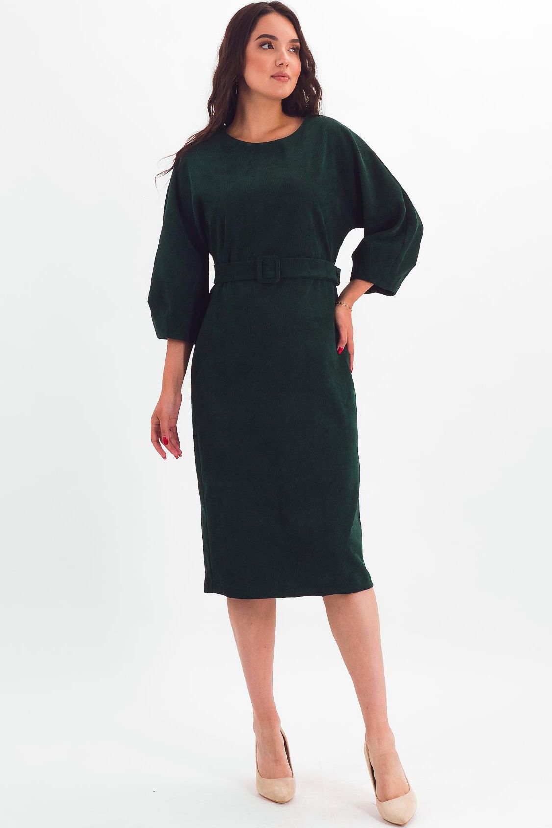 Платье вельветовое тёмно-зелёное с поясом Braslava