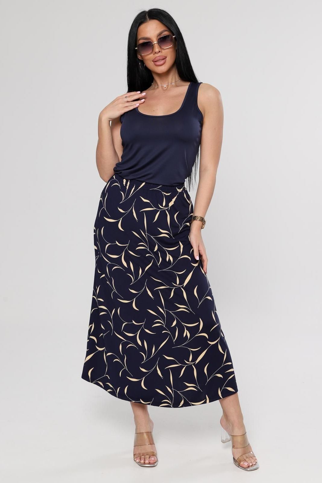 Юбка трикотажная тёмно-синяя с принтом Iv-capriz