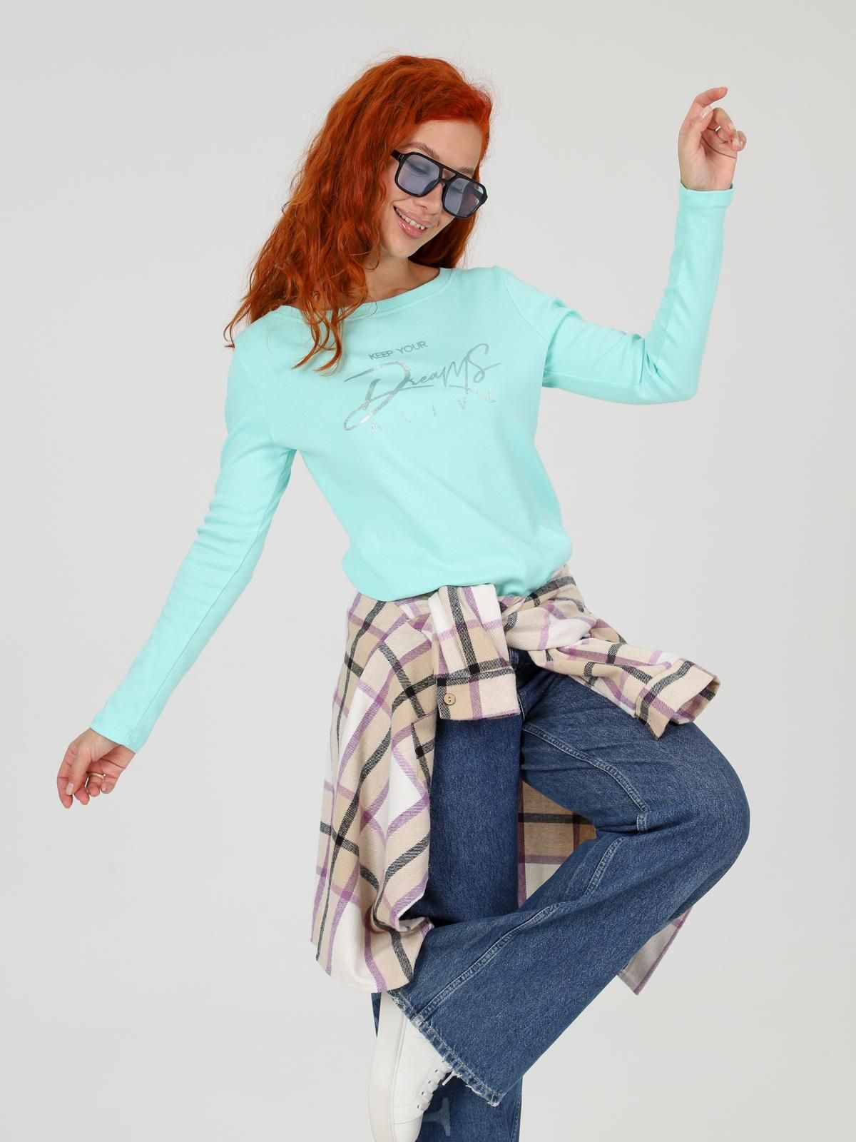 Лонгслив трикотажный ментолового цвета с принтом Iv-capriz(фото2)