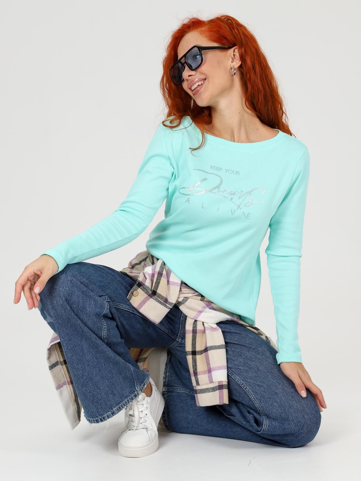 Лонгслив трикотажный ментолового цвета с принтом Iv-capriz(фото6)