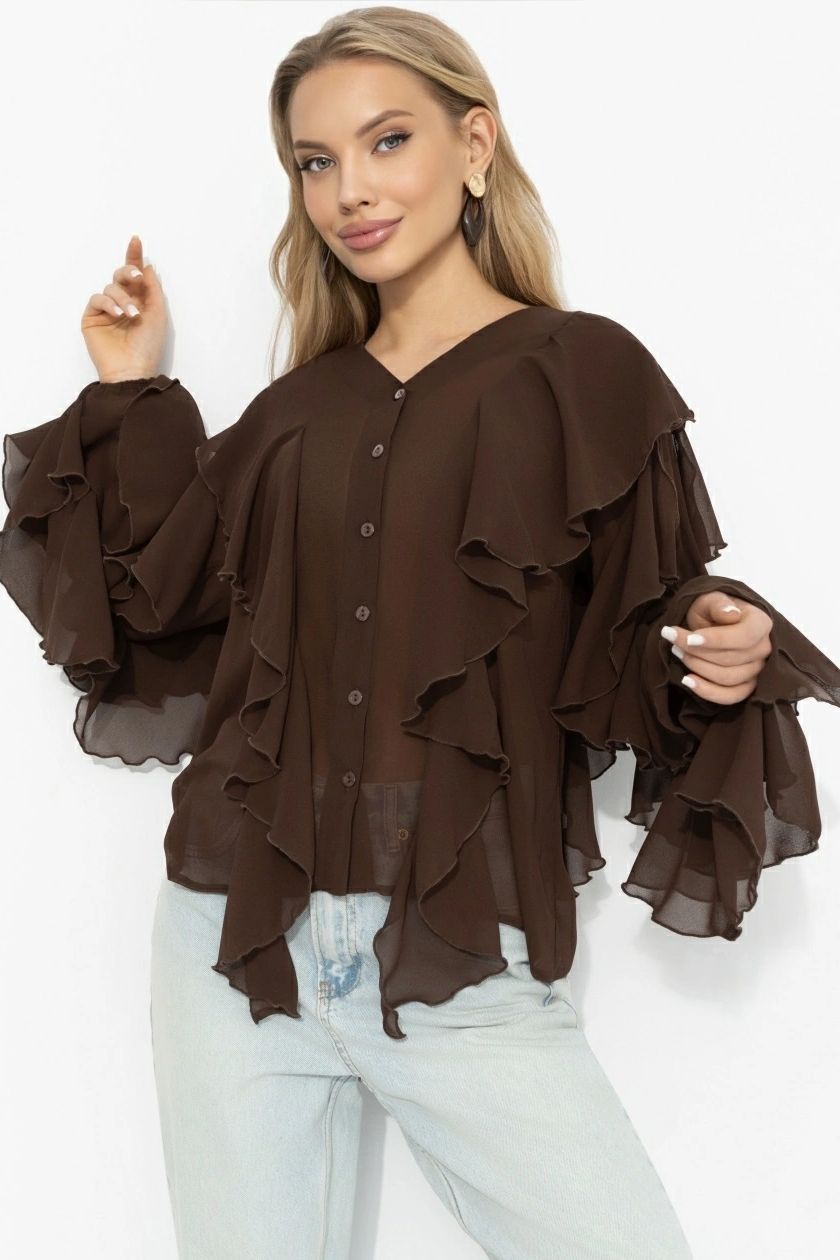 Блузка эффектная из шифона коричневого цвета Charutti