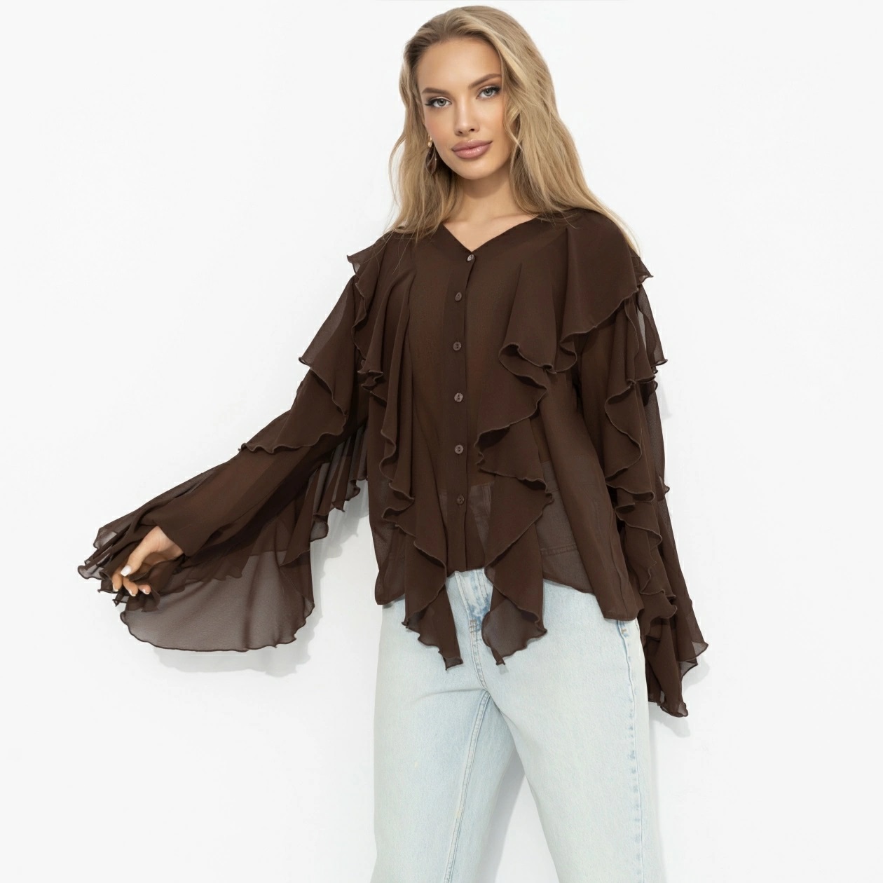 Блузка эффектная из шифона коричневого цвета Charutti(фото6)