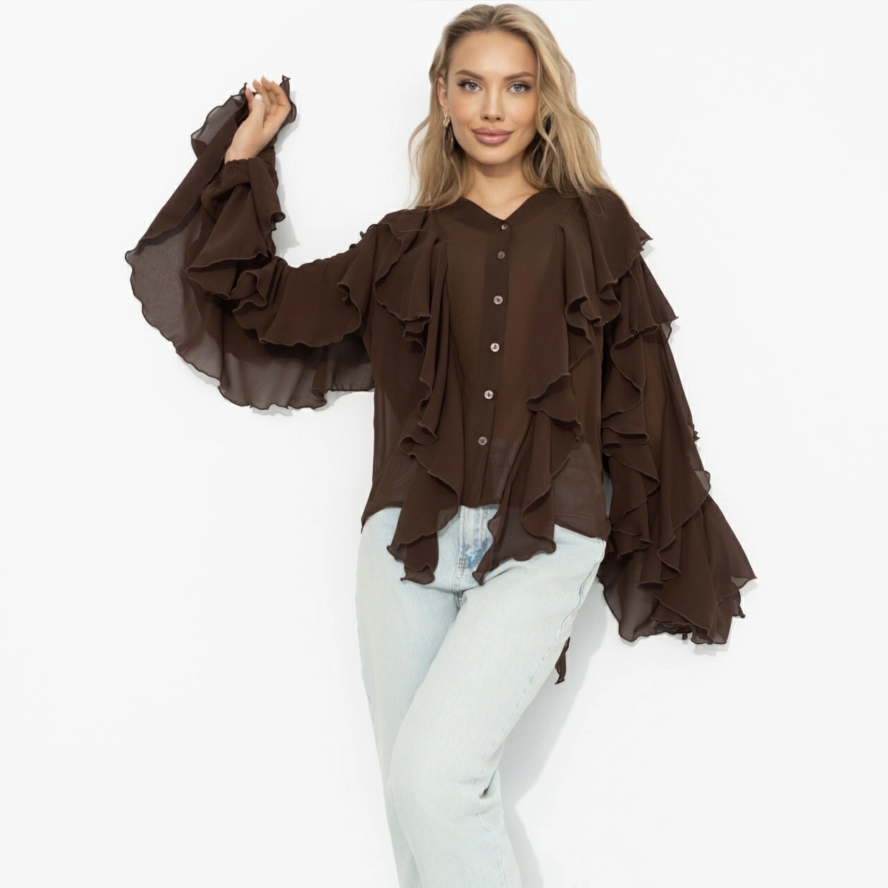 Блузка эффектная из шифона коричневого цвета Charutti(фото2)