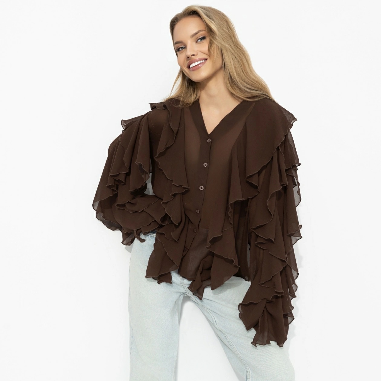 Блузка эффектная из шифона коричневого цвета Charutti(фото3)