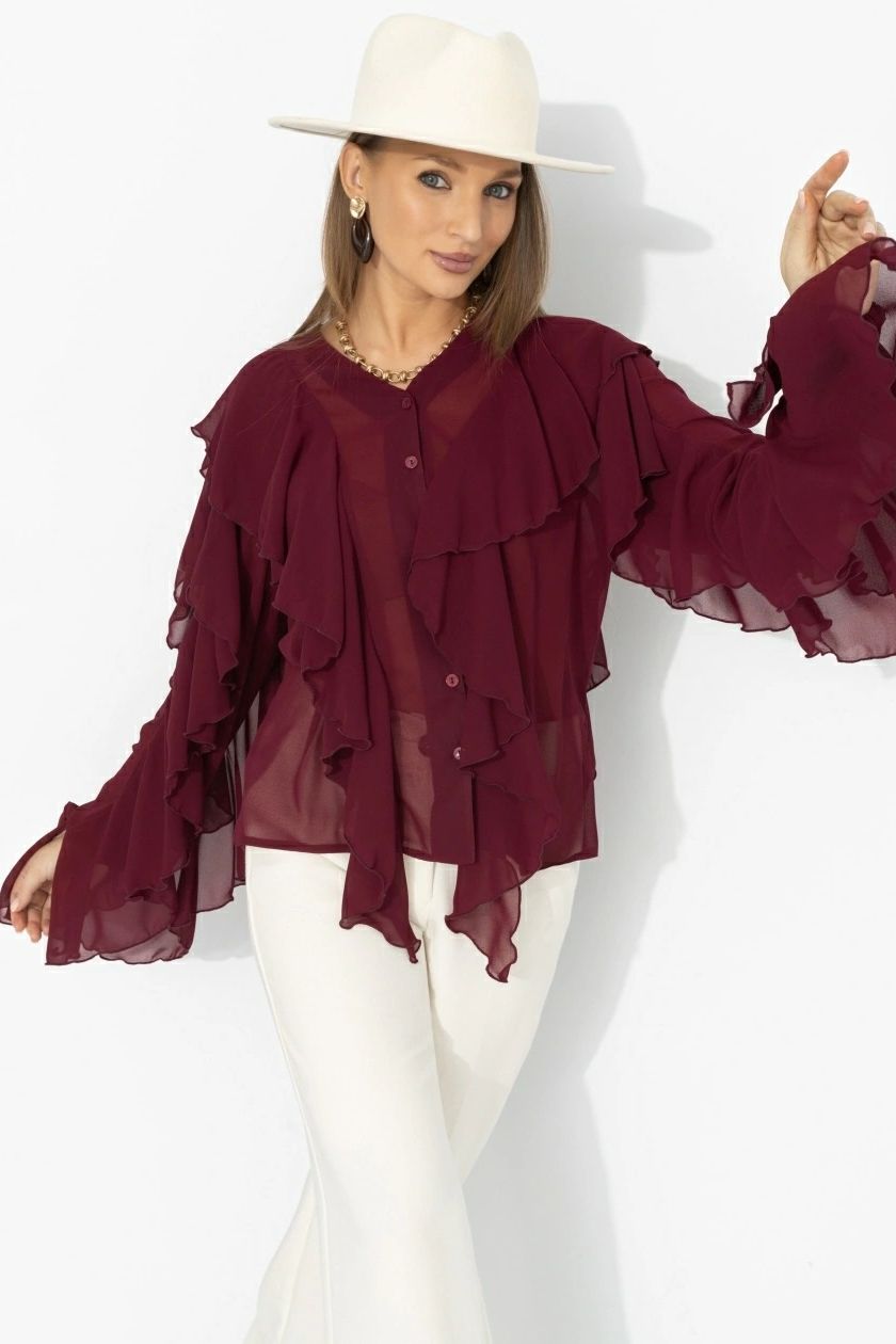 Блузка эффектная из шифона бордового цвета Charutti(фото6)