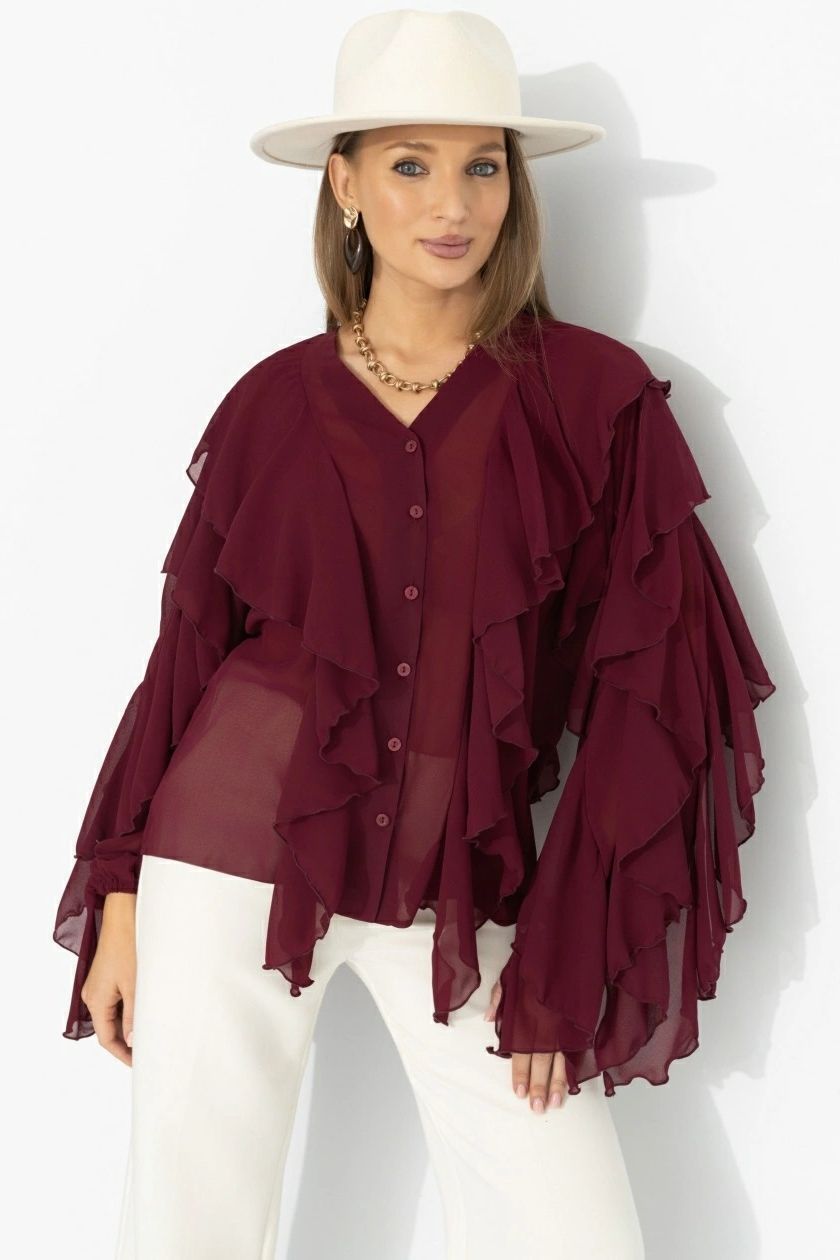 Блузка эффектная из шифона бордового цвета Charutti
