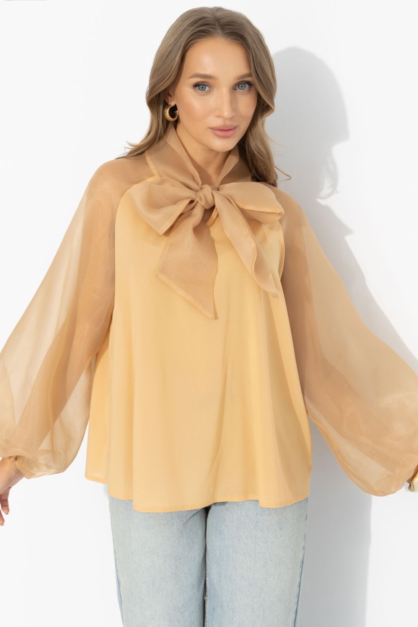 Блузка комбинированная бежевая с органзой Charutti(фото3)