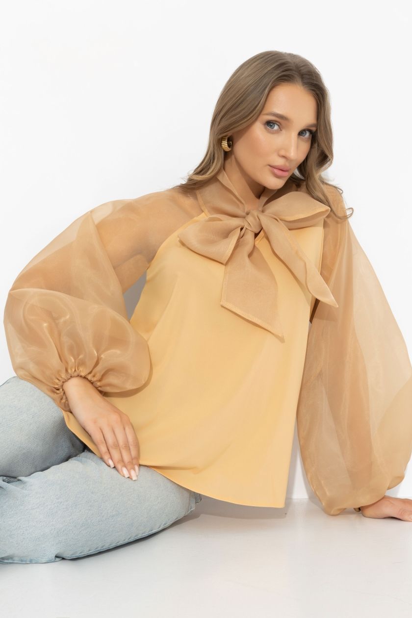 Блузка комбинированная бежевая с органзой Charutti(фото6)