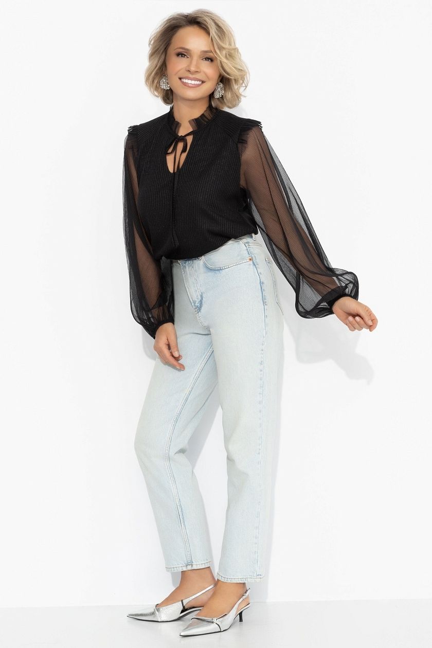 Блузка чёрная из трикотажа с рукавами из сетки Charutti(фото2)