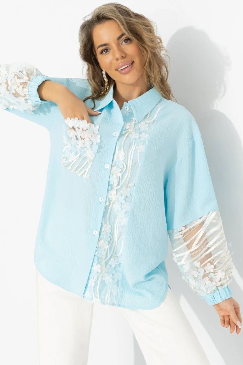 Рубашка бирюзовая с накладным декором и вышивкой Charutti(фото3)