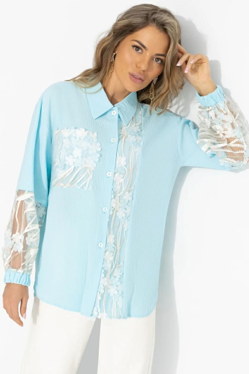 Рубашка бирюзовая с накладным декором и вышивкой Charutti(фото5)