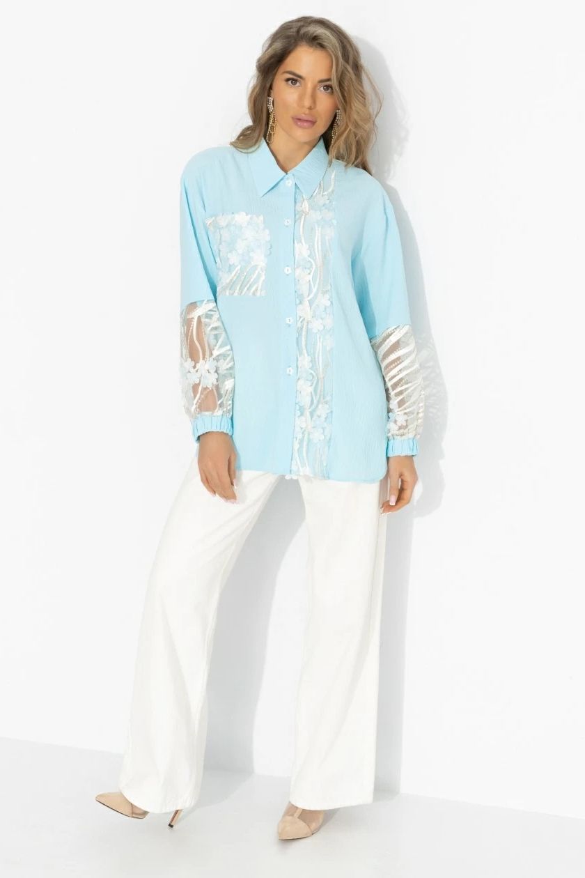 Рубашка бирюзовая с накладным декором и вышивкой Charutti(фото2)