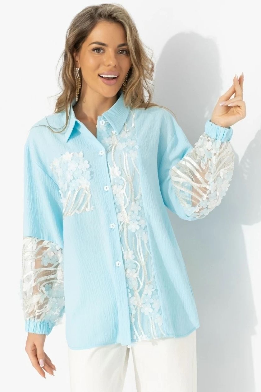 Рубашка бирюзовая с накладным декором и вышивкой Charutti