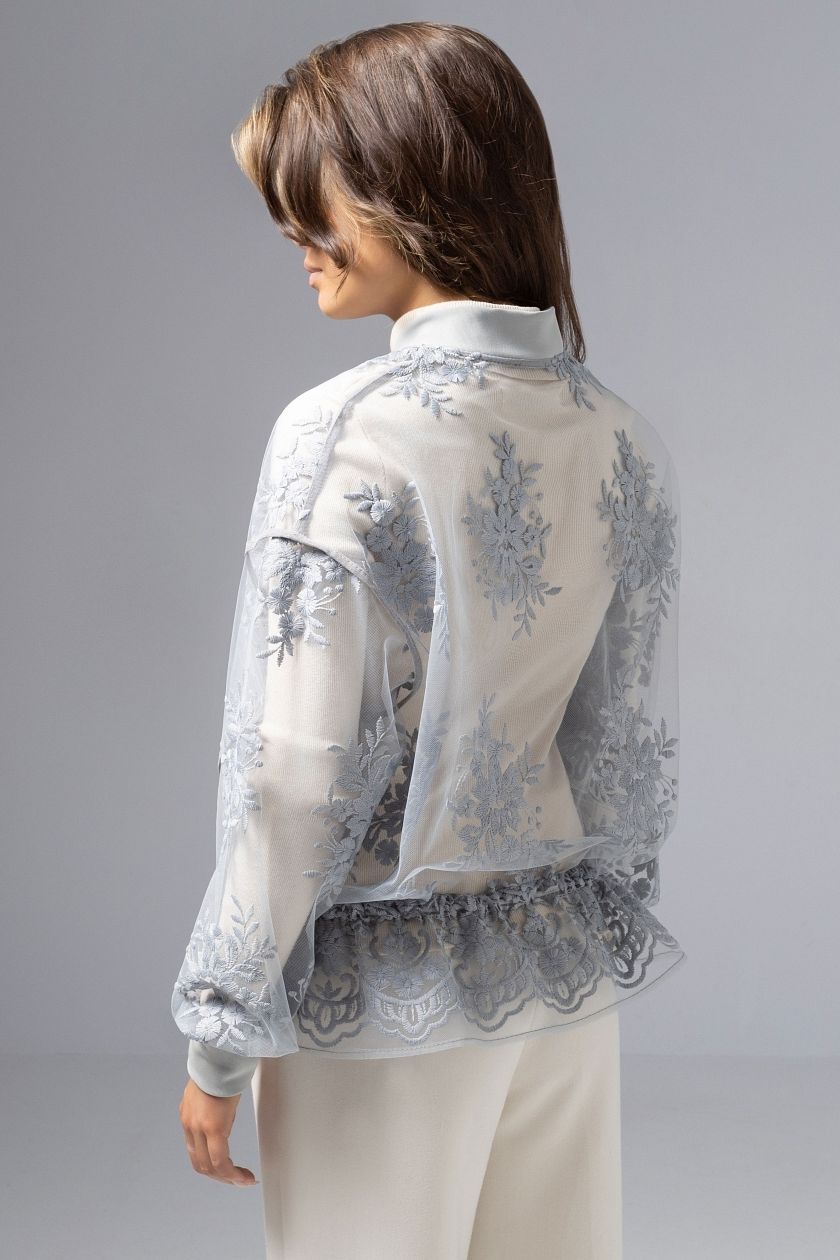 Бомбер серый из сетки с вышивкой Charutti(фото6)