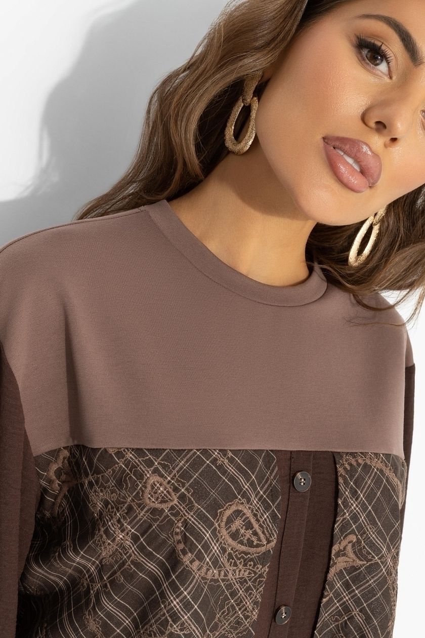 Свитшот комбинированный коричневый с имитацией рубашки Charutti(фото5)