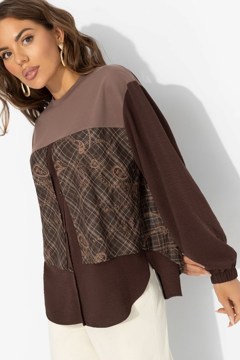 Свитшот комбинированный коричневый с имитацией рубашки Charutti(фото6)